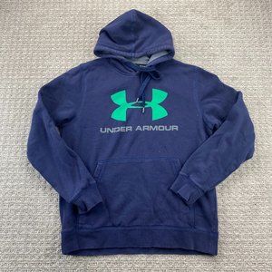 Under ARMOUR Sweater Men Medium M Navy Blue Green Logo Hoodie Spell Out Pullover